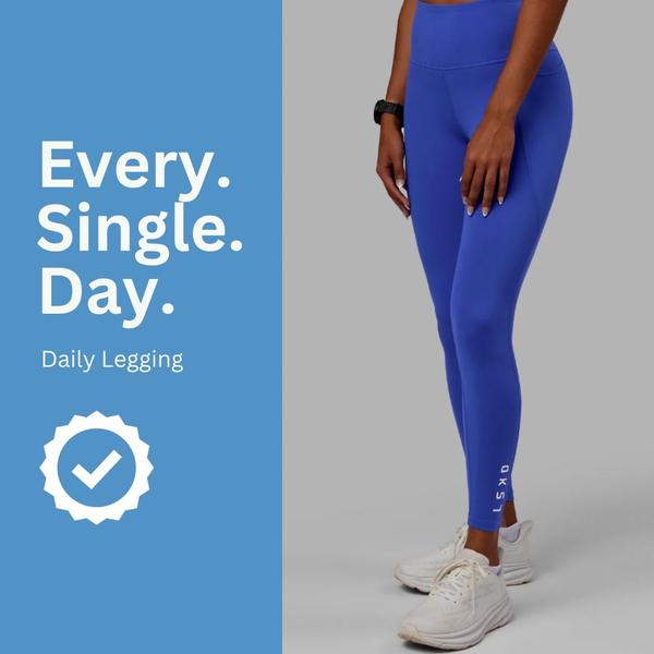 A clean, split-screen ad featuring a model in athletic leggings on one side and a strong, punchy headline on the other.